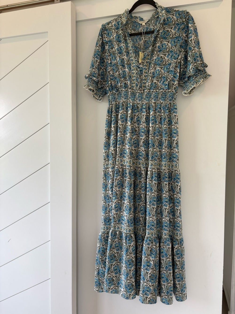 Max Studio Blue Floral Tiered V-Neck Maxi Dress